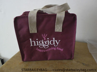 China NEW COOLER BAG PROMOTIONAL HIGGIDY PIES PICNIC TOTE BAG FOOD PURPLE BEIGE CANVAS HANDLES supplier