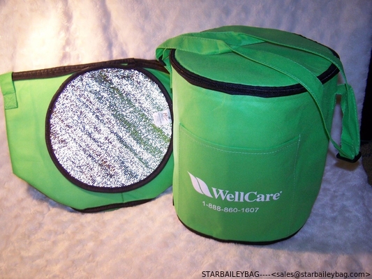 2 Lot Green Circular Round Fabric Insulated Cooler Bag 11&quot; H x 9&quot; D &quot;Well Care&quot; supplier