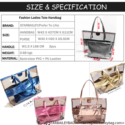 Clear PVC Beach Totes Bag Sets Top Handle Handbag-Zipper Purses Wallets Women 2pcs In 1 Hand Bag Set supplier