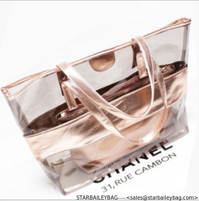 Clear PVC Beach Totes Bag Sets Top Handle Handbag-Zipper Purses Wallets Women 2pcs In 1 Hand Bag Set supplier